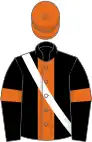 Black, orange stripe and armlets, white sash, orange cap
