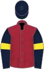 Maroon, dark blue sleeves, yellow armlets, dark blue cap