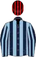 Dark blue and light blue stripes, black and red striped cap