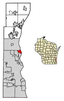 Location of Bayside in Milwaukee and Ozaukee Counties, Wisconsin.