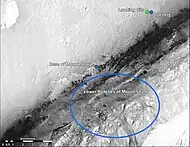 Curiosity's landing site - Blue oval marks the base of Mount Sharp (August 17, 2012).