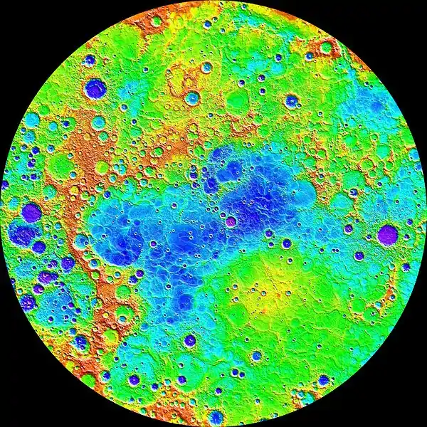 Northern hemisphere topography from MLA data shows a 10&nbsp;km vertical range: high (red); low (purple).