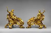 Pair of Rococo firedogs (chenets); circa 1750; gilt-bronze; dimensions of the first: 52.7 × 48.3 × 26.7&nbsp;cm, of the second: 45.1 × 49.1 × 24.8&nbsp;cm; Metropolitan Museum of Art