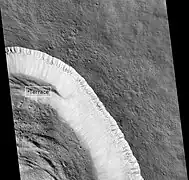 Pangboche Crater, as seen by HiRISE. Pangboche Crater is a very young 11&nbsp;km diameter crater near the summit of Olympus Mons. Notice the steep walls.