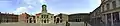 Panorama view. The upper yard of the Dublin Castle, Dublin, Ireland. The view shows, from left to right: Conference Centre, Bedford Hall flanked by the Gates of Fortitude and Justice, Revenue Commissioners, entranceway from the Chapel Royal/Record Tower yard, and finally States Apartments and Dubhlinn Tearooms.