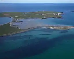 Papa Stronsay from the air. The Golgotha Monastery can be seen at the top right.