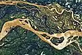 Astronaut's photo showing a 29-kilometre (18&nbsp;mi) stretch of the Paraná, just  downstream from Goya, Argentina