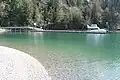 Motorboat at a dock with a forest on the shore
