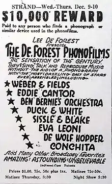 All-text advertisement from the Strand Theater, giving dates, times, and performers' names. At the top, a tagline reads, "$10,000 reward paid to any person who finds a phonograph or similar device used in the phonofilms." The accompanying promotional text describes the slate of sound pictures as "the sensation of the century ... Amazing! Astounding! Unbelievable".