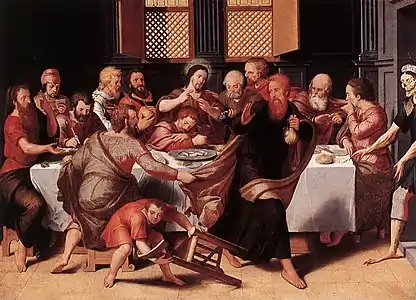 The Last Supper (inscription above the door jamb: 1548), 46.5 × 63&nbsp;cm, Groeningemuseum, Bruges