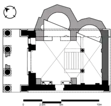 An architectural floor plan of a Roman temple in black ink with two horseshoe-like apses in gray