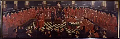 Assembly of forty four gentlemen dressed in scarlet red in the Parliament of Mechelen, with Charles the Bold sitting in the centre, presiding the event