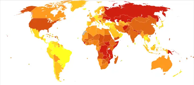 Deaths from poisonings per million persons in 2012 &nbsp;&nbsp;0-2&nbsp;&nbsp;3-5&nbsp;&nbsp;6-7&nbsp;&nbsp;8-10&nbsp;&nbsp;11-12&nbsp;&nbsp;13-19&nbsp;&nbsp;20-27&nbsp;&nbsp;28-41&nbsp;&nbsp;42-55&nbsp;&nbsp;56-336
