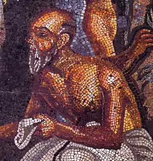 Detail of a poet giving directions from a theatrical scene. Roman mosaic from the tablinum Casa del Poeta tragico (VI 8, 3–5) in Pompeii. Naples National Archaeological Museum.