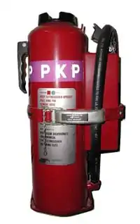 An 18&nbsp;lb (8.2&nbsp;kg) US Navy cartridge-operated purple-K dry chemical (potassium bicarbonate) extinguisher
