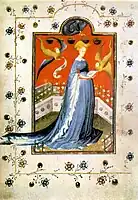 Woman wearing a houppelande with "dagged" sleeves.