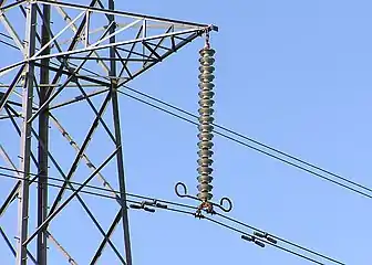 Suspension insulator string (the vertical string of discs) on a 275&nbsp;kV suspension pylon