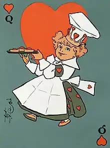 picture of a queen of hearts playing card; the queen has a chef's hat in her crown and is carrying a tray of tarts