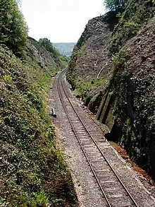 Talerddig Cutting in 2001. This was the deepest in the world at the time of its opening in the early 1860s. The original near-vertical sides have since been trimmed back