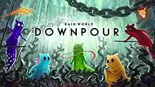 Promotional art for Downpour shows the 5 added slugcats standing in a rainy forest. From left to right, Spearmaster hangs on a pole with one of their needles in their other hand and a red overseer watching, Rivulet stands, the Saint has their tongue surround them, the Gourmand inspects food, and the Artificer leaps with a spear in their hand and a citizen ID drone following them.