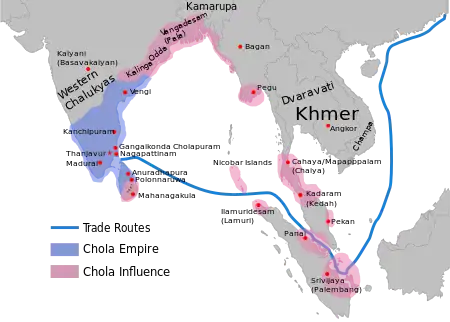 Map showing the greatest extent of the Chola empire c. 1030 under Rajendra I: territories are shown in blue, subordinates and areas of influence are shown in pink.