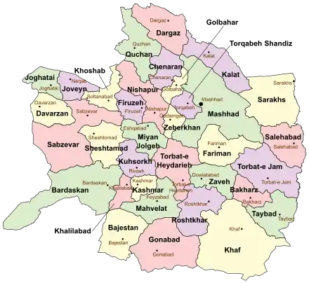 Location of Mashhad County in Razavi Khorasan province (top right, green)