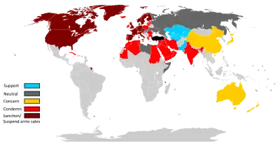 A map depicting International reactions to Turkey's 2019 operation in northern Syria.