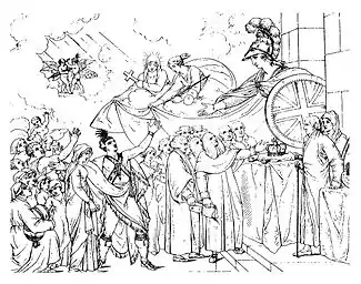 Reception of the American Loyalists by Great Britain in the Year 1783, c. 1783-1811, engraving  by Henry Moses of the now-lost original