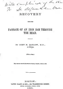 The cover of a journal article titled "Recovery from the passage of an iron bar through the head".