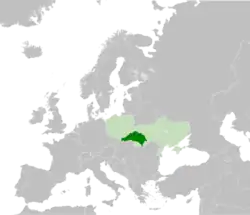 Galicia (dark green) juxtaposed with modern-day Poland and Ukraine (light green)