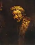 Self Portrait as Zeuxis (c. 1662), one of two self-portraits in which Rembrandt is turned to the left. at Wallraf–Richartz Museum in Cologne