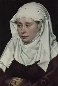Robert Campin (c.&nbsp;1375 – 1444), Portrait of a Young Woman (paired with her husband), 1430–1435. Van der Weyden's style was founded on Campin's.