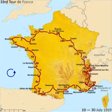 Route of the 1939 Tour de France followed counterclockwise, starting in Paris