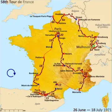 Map of France showing the path of the race starting in Mulhouse, moving through Switzerland, West Germany and Belgium, before a clockwise route around France and finishing in Paris