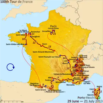 Map of France showing the showing the path of the race starting in Corsica, then going clockwise around France.