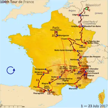Map of France showing the route of the race starting in Germany, going through Belgium and Luxembourg, then around France.