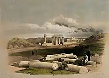 Ruins of the Temple of Montu in Armant, published in The Holy Land, Syria, Idumea, Arabia, Egypt, and Nubia — after a watercolour by David Roberts (1849).