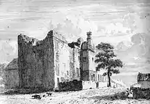 Lithograph drawing showing a large stately home in ruins
