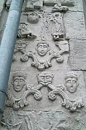 Russian mascarons on the Saint George Cathedral, Yuryev-Polsky, Russia, unknown architect or sculptor, 1230-1234, collapsed and was rebuilt in 1471