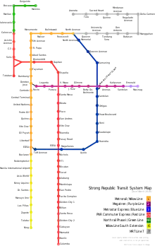 Color-coded lines on an outline map illustrating relative positions of existing and planned routes as described in the text