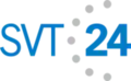 SVT24's first logo from 1999 to 2001, there is the word SVT in blue text, and to the right of it there are seven gray dots and on the right of them is the number 24 on blue and bolder text.
