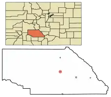 Location of Saguache in Saguache County, Colorado.