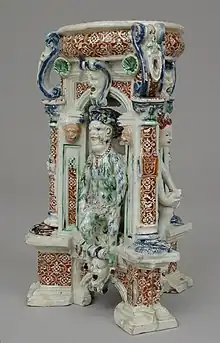 Saint-Porchaire ware, Triangular salt, 1540s?, 6 7/8 in. (17.5&nbsp;cm) high, with a (?) satyr, and (?) Venus at right.