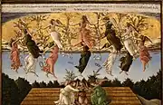 The Verdigris  of the angels' costumes in Nativita Mistica by Botticelli darkened from bluish green to foliage green.
