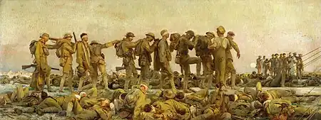 Men walk in a line with hands on each other's backs
