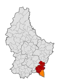Map of Luxembourg with Schengen highlighted in orange, and the canton in dark red