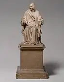 Seated Voltaire; by Jean-Antoine Houdon; 1778; plaster, tinted to imitate terracotta; overall: 35.6 × 14.6 x 20&nbsp;cm (14" × 5¾" × 8"); Metropolitan Museum of Art