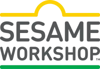 Logo for Sesame Workshop, created in 2018 simultaneously. Features the words "SESAME WORKSHOP" (all-caps) in gray inside border lines of yellow on the top and green on the bottom that together form a shape similar to the "Sesame Street" sign.