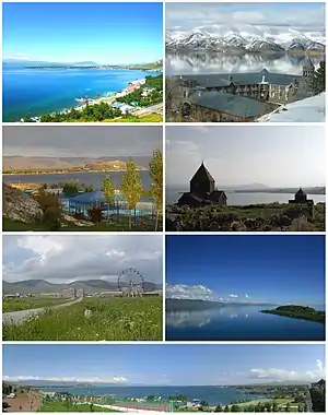 From top left:Sevan landscape • Vaskenian Theological AcademySevan peninsula • Sevan MonasterySevan skyline • Lake SevanPanoramic view of Sevan beach