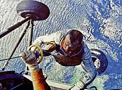 Alan Shepard's 1961 recovery seen from helicopter (Mercury-Redstone 3)